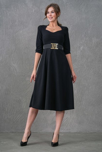 Crepe Fabric Window Collar Midi Length Black Evening Dress with Belt 075