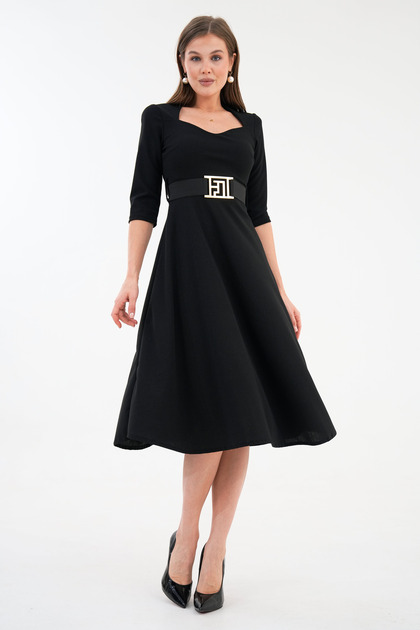 Crepe Fabric Belt Gift Short Sleeve Window Collar Midi Length Black Dress 075