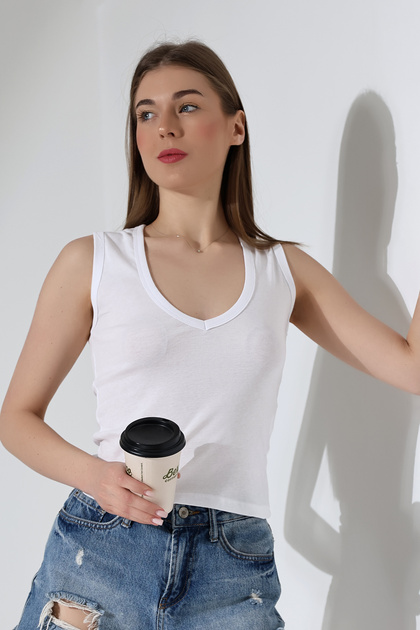 100% Cotton Body-Hugging Thick Straps Deep V-Neck Women's Basic Undershirt 21899 White