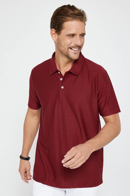 Men's Regular Fit Classic Cut 100% Cotton Jacquard Burgundy Polo Neck T-Shirt
