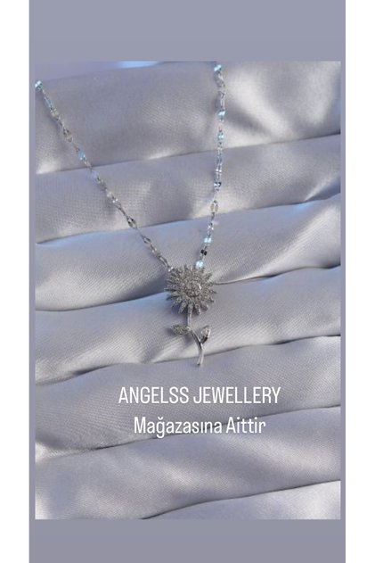 Sunflower Silver Necklace with Spinning Zircon Stone (Sunflower Necklace with Spinning Wheel with Stone) Sunflower Necklace