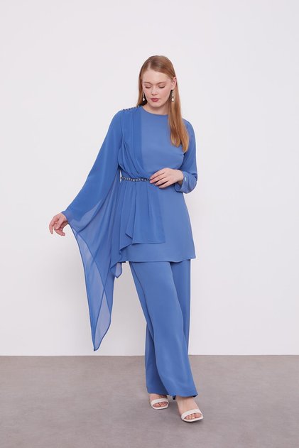 Indigo Stone Embroidered Chiffon Double Set