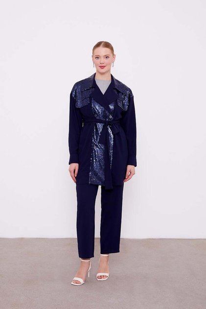 Navy Blue Sequin Embroidered Belt Tie down Jacket Set