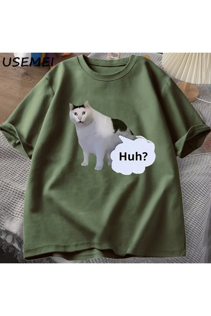 تي شيرت Huh Cat Funny Meme تي شيرت رجالي ونسائي من Absurd Weirdcore تي شيرت كاجوال برقبة مستديرة من القطن K
