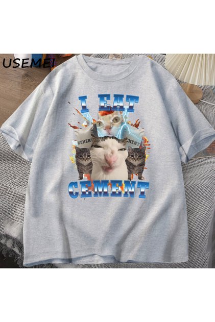 Ben çimento komik kedi Meme Tee pamuk kısa kollu aptal çirkin kediler baskılı T Shirt