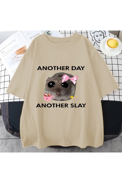 Üzgün Hamster başka bir gün Slay komik grafict-pamuk Kawaii Tshirt erkekler kadın bask