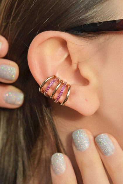 Pembe Taşlı Sıkıştırmalı Kıkırdak Küpe Earcuff