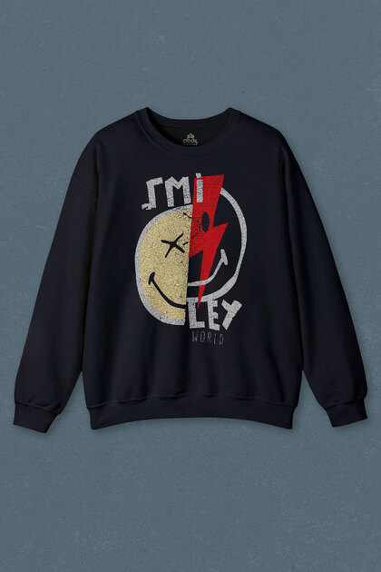Navy Blue Sweatshirt Smile World Urban Street Culture Smiling Face Printed Unisex Sweat