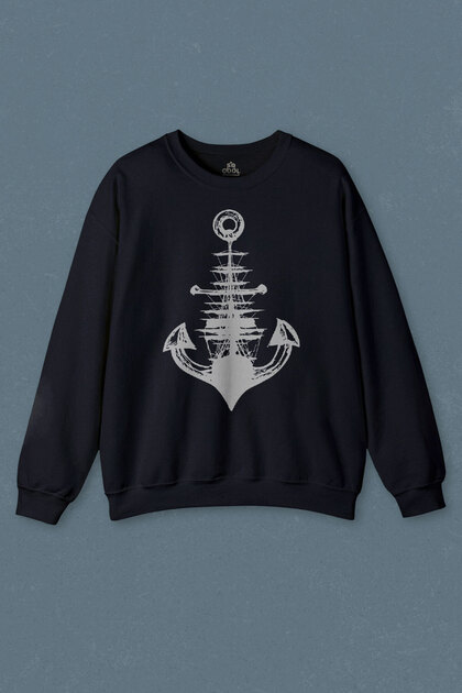 Navy Blue Sweatshirt Sailing Iron Anchor Anchor Printed Unisex Sweat