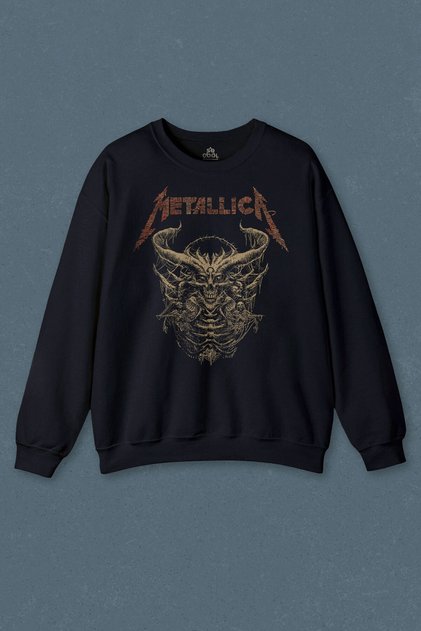 Navy Blue Sweatshirt Metallica Wrap Monster Skull Vintage Horror Printed Sweat