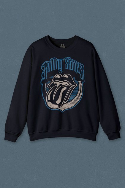 Navy Blue Sweatshirt Rolling Stones Rock Retro 70S 80S Music Printed Unisex Sweat