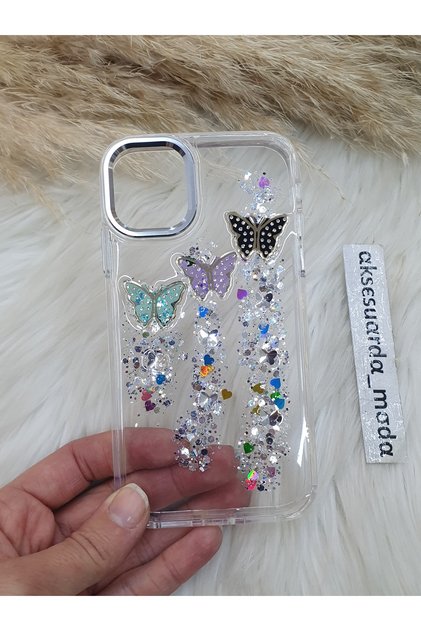 iPhone 12 and 12 Pro Compatible Butterfly Glitter Sequin 3D Transparent Silicone Case