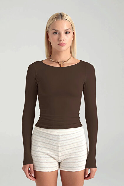Cotton Boat Neck Blouse Brown