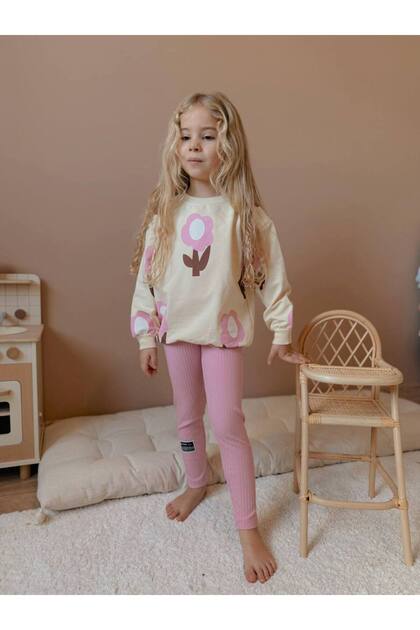 Female Child Pink Floral Two-Thread Fabric Bottom Corduroy Leggings Set