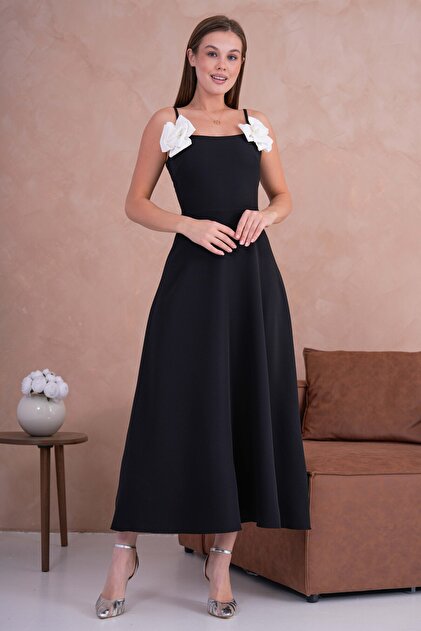 bayansepeti Women's Midi Length Black Flared Dress with Detachable Rose  Accessories and Adjustable Straps, White Roses 258- Trendyol