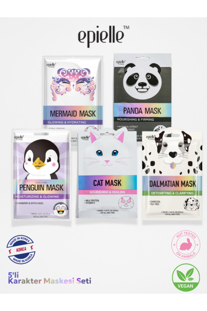 5’li Karakter Yüz Maskesi Seti – Penguen, Kedi, Dalmaçyalı, Panda, Deniz Kızı