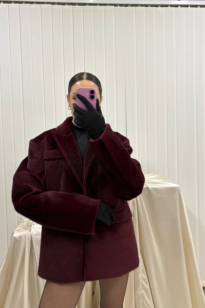 Tüylü Bordo Blazer Ceket