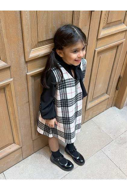 Black-White Plaid Girl's Winter V-Neck Gilet Dress