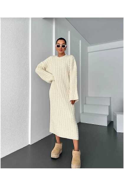 Dress Crew Neck Knitted Pattern Long Knitwear Dress