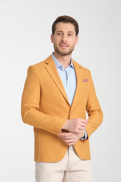 Alfredo Men's Yellow Mono Neck Linen Print Slim Fit Sports Blazer Jacket