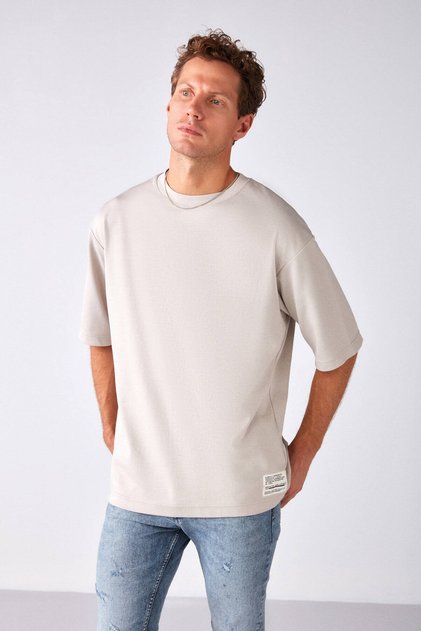 Joel Men's 100% Organic Cotton Thick Fabric Special Textured Label Detailed Oversize Stone Color T-Shirt