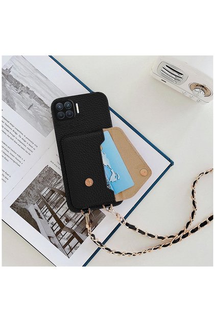 Oppo Reno 4 Lite Compatible Case Metal Neck Strap Leather Case with Pocket Black
