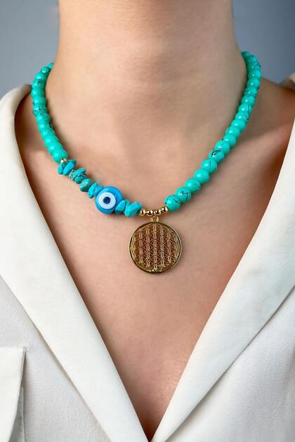 Flower of Life Cracked Natural Stone Bead Necklace - Turquoise