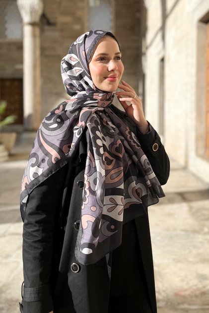 Soft Cotton Shawl - Mira Pattern - Slt2527-10 - Milk Coffee, Gray