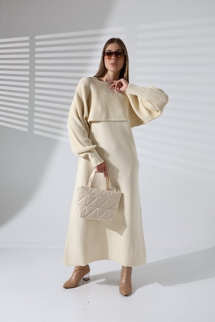 Boat Neck Bat Sleeve Thessaloniki Knitted Short Sweater U-Neck Loose Ankle-Length Dress Two-Piece Knitwear Set