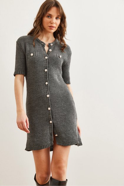 Women's Anthracite Buttoned Mini Knitwear Dress Elb- 19002329