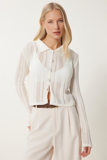 Women's Ecru Light Transparent Polo Collar Summer Knitwear Cardigan MT00151