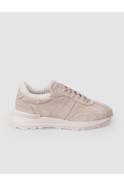 100% Genuine Leather Beige Suede Shearling Women's Sneakers