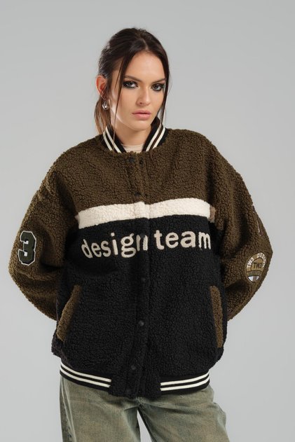Oversize Fit College Collar Embroidered Pocket Plush Bomber Jacket