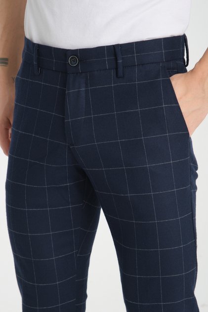 Thick Plaid Pattern Men's Side Pocket Classic Waist Slim Fit Chino Pants
