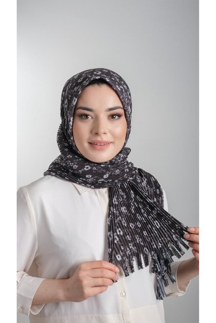 Black Practical Ready-made Interlocking Hijab Scarf Staple Fiber Pleated Flower Patterned 1818d7_01