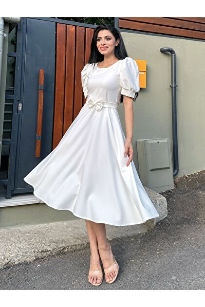 KM BUTK White Watermelon Sleeve Flared Crepe Dress- Trendyol