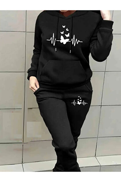 Heart Rhytym Love Printed Hooded Sweatshirt and Sweatpants Tracksuit Set