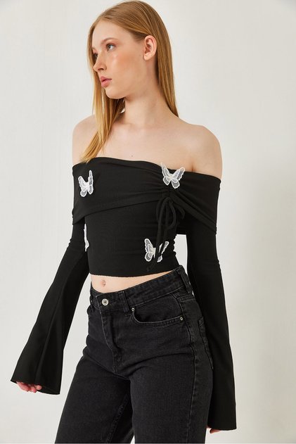 Women's Black Madonna Collar Butterfly Detailed Blouse 7196 60261280
