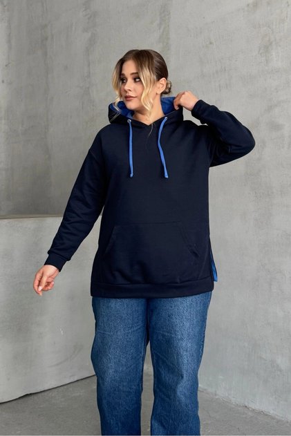 Plus Size Long Sleeve Hooded Kangaroo Pocket Sweatshirt with Side Slits 303850