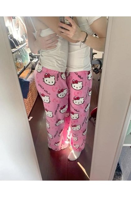 Harajuku Hello Kitty Peluş Halloween Baskılı Unisex Oversize Bol Paça Pijama