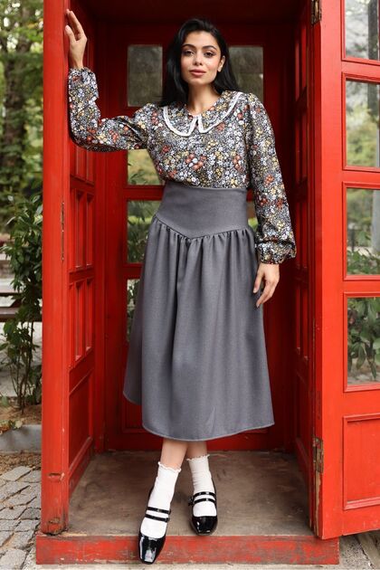 Vintage Thick Belted Gray Wool Effect Skirt
