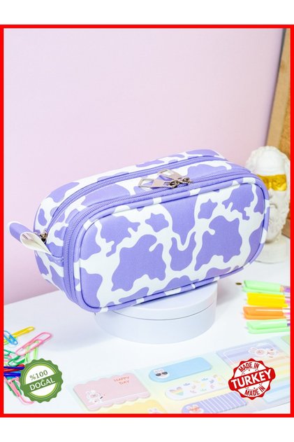 Pencil Case Oval Design Two Compartments Lilac Cow Theme Vegan Leather (Pen Holder)