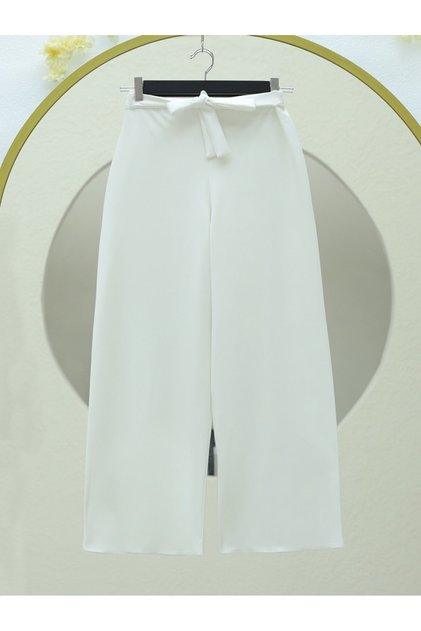Wide leg trousers with elastic waist and tie - white