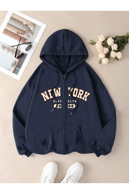 New York Baskılı Üç İplik Penye Kumaş Kapüşonlu Fermuarlı Hırka
