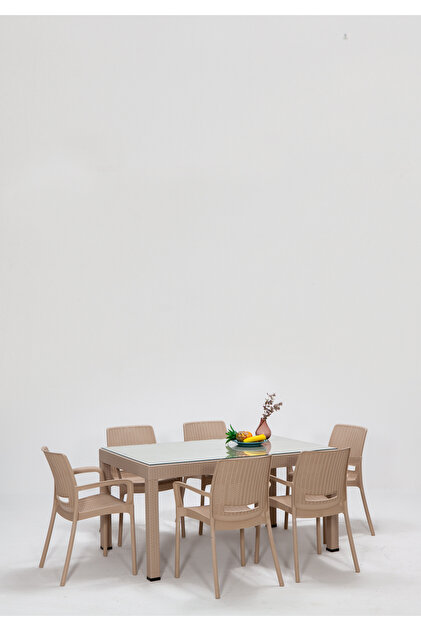 Rattan Large Lüx Camlı Cappucino Masa Takımı Bahçe&balkon 1 Camlı Masa + 6 Sandalye