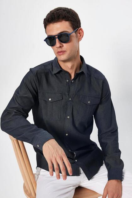 Erkek Slim Fit Dar Kesim Denim Kot Yıkamalı Çift Cepli Indigo Spor Yaka Gömlek