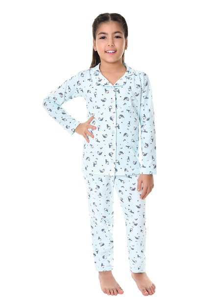 Cotton Shirt Collar Button Flat Leg Girl's Pajama Suit