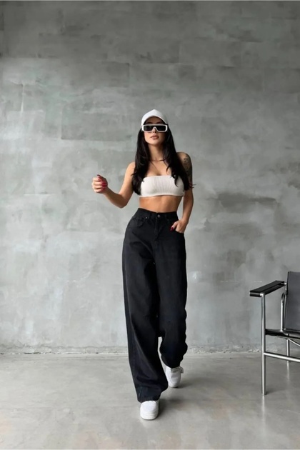 Black Buckle Detailed Loose Cut Wide Leg Casual Baggy Loose Jean Trousers