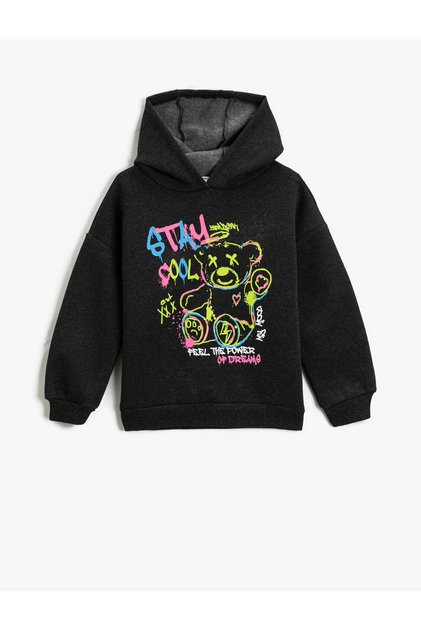 Hooded Sweatshirt Graffiti Themed Teddy Bear Printed Long Sleeve Ribbon