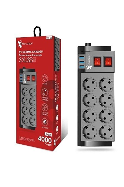 Fulltech Ftr-08 Termal Akım Korumalı 8li Uzatma Kablosu 3xusb 2 Mt